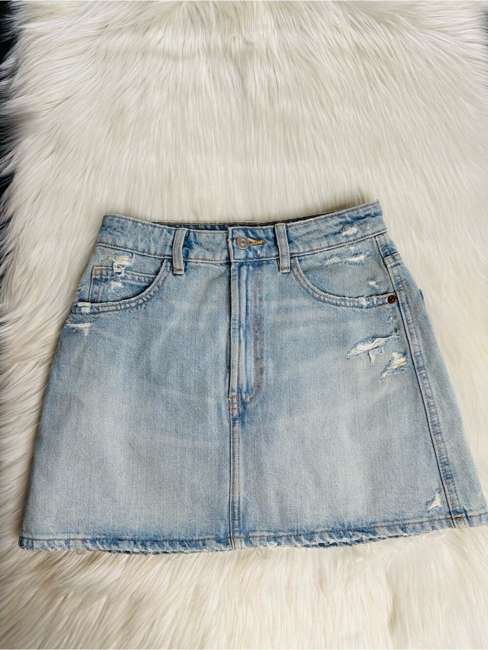 Zara Light Wash Distressed Grunge Denim Mini Skirt